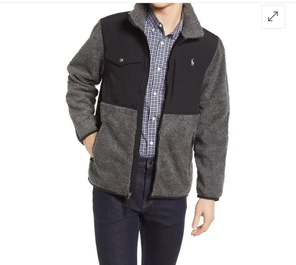 Polo Ralph Lauren hi-pile fleece jacket stadium Gray / Black XL Outdoorsy Preppy